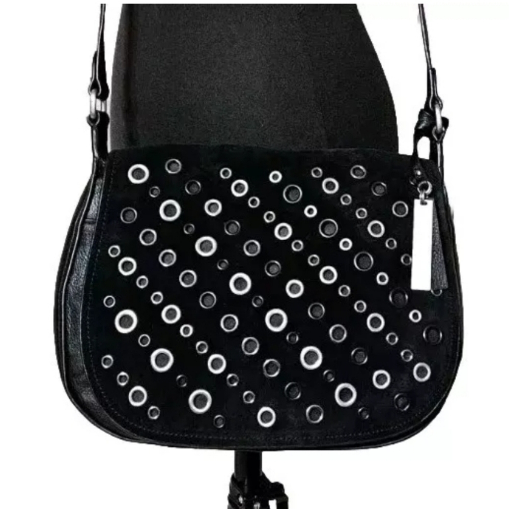 Vince Camuto Leather Suede Silver Grommets Art-to-Wear Shoulder Crossbody Purse